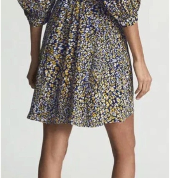 Reiss Daisy Deep V-Neck Puff Sleeve Print Mini Dress - Picture 2 of 7